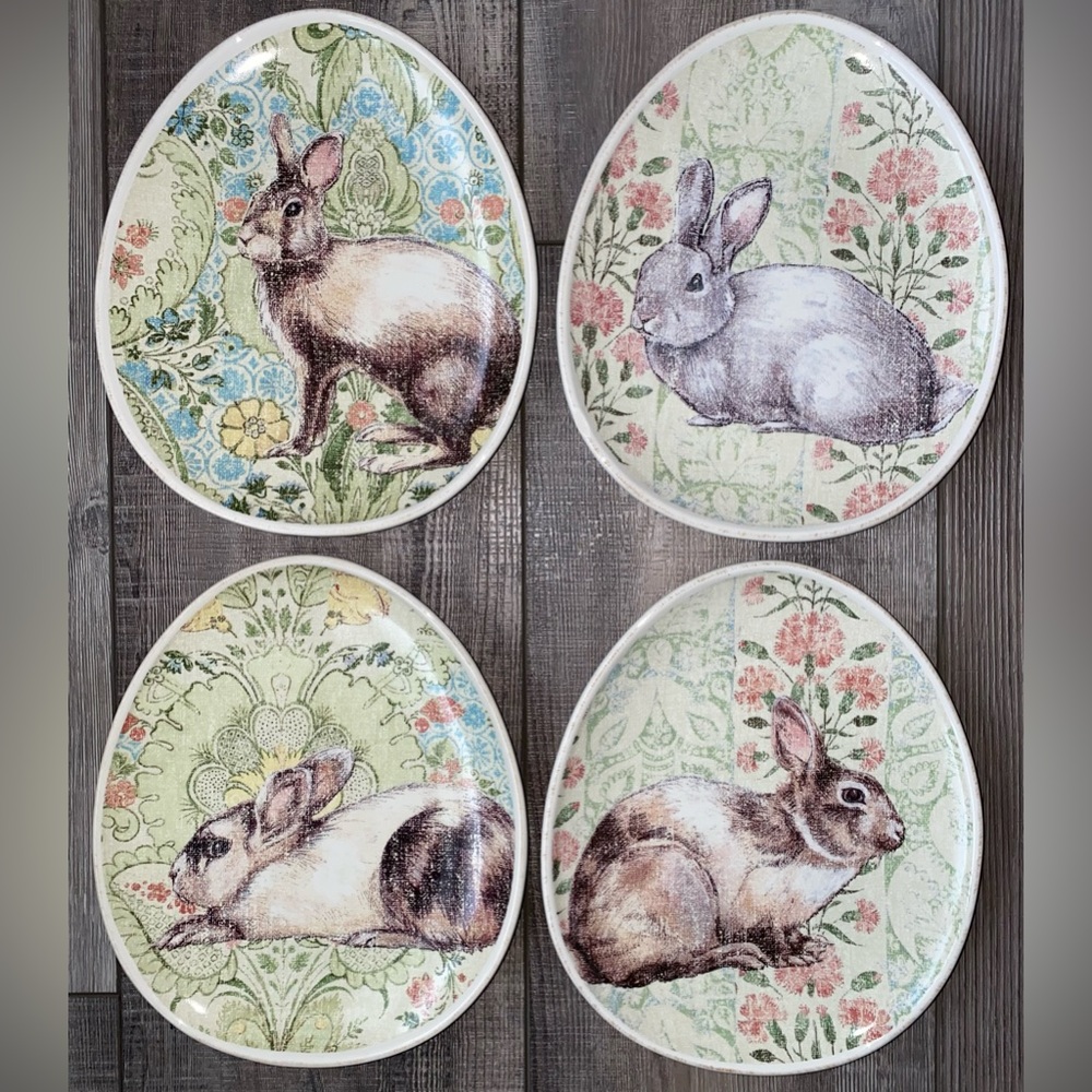 Pottery Barn Easter Bunny Floral Egg Shape Ceramic Dessert Plates Set of 4
